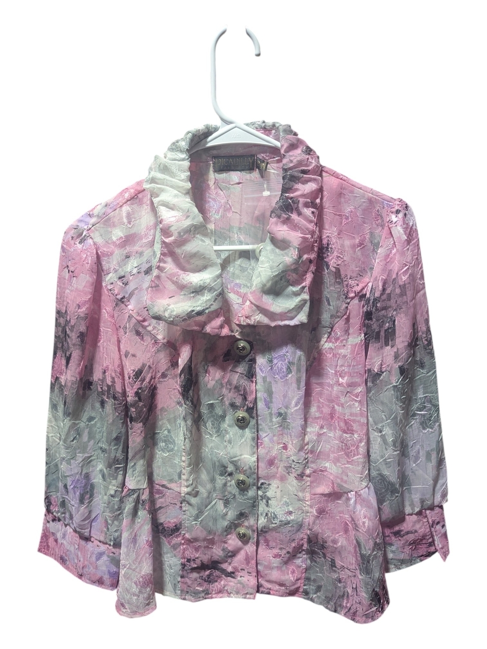 Picadilly Women's Jacket Petite Small Pink Floral  Button Up Ruffled Collar NEW